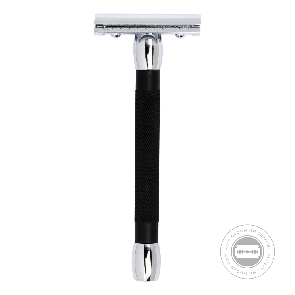 Front view of the Merkur Razor 20C, emphasizing the closed comb safety razor head and long handle design.