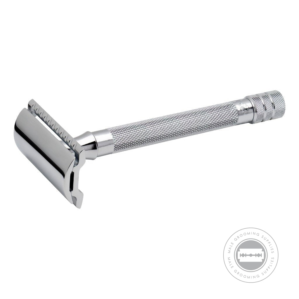 Side view of the Merkur 23C Razor with its long knurled handle and bright chrome finish.