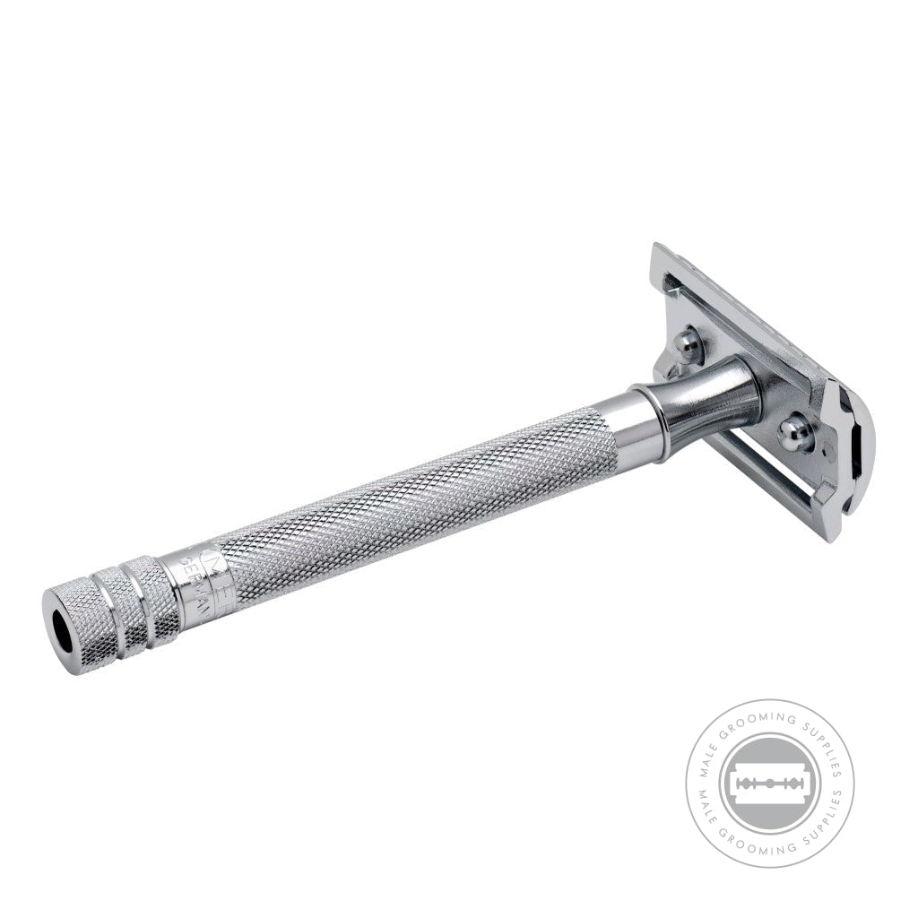 Rear angled view of the Merkur 23C Razor, showcasing the closed-comb head and detailed handle texture.