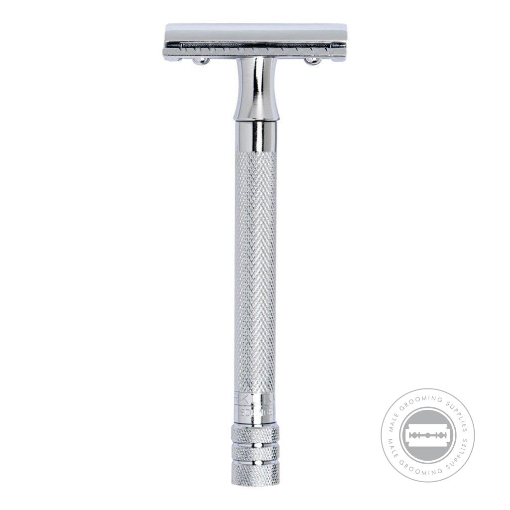 Front view of the Merkur 23C Razor, highlighting its sleek design and engraved branding on the handle.