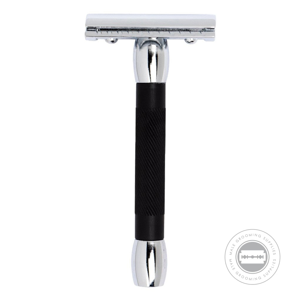 Full frontal view of the Merkur 30011 razor, showcasing its elegant and ergonomic design.