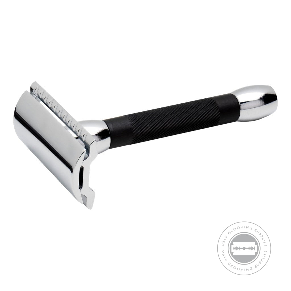 Side profile of the Merkur 30011 razor, highlighting its twin-color design and three-piece assembly.