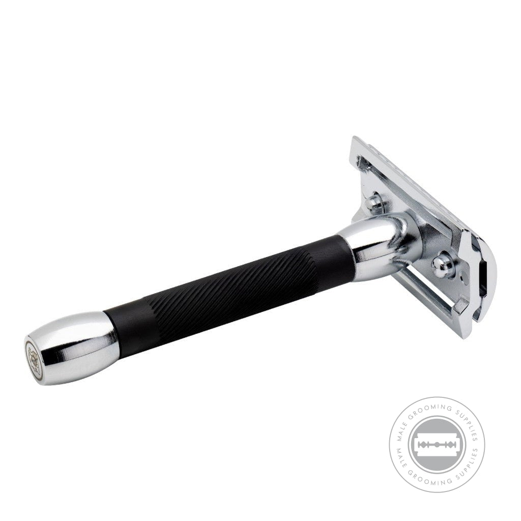 Rear view of the Merkur 30011 safety razor, emphasizing its compact handle and sleek chrome finish.