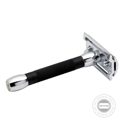 Rear view of the Merkur 30011 safety razor, emphasizing its compact handle and sleek chrome finish.