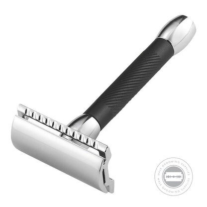 Close-up of the Merkur 30011 safety razor, showing its black anodized handle and bright chrome head.