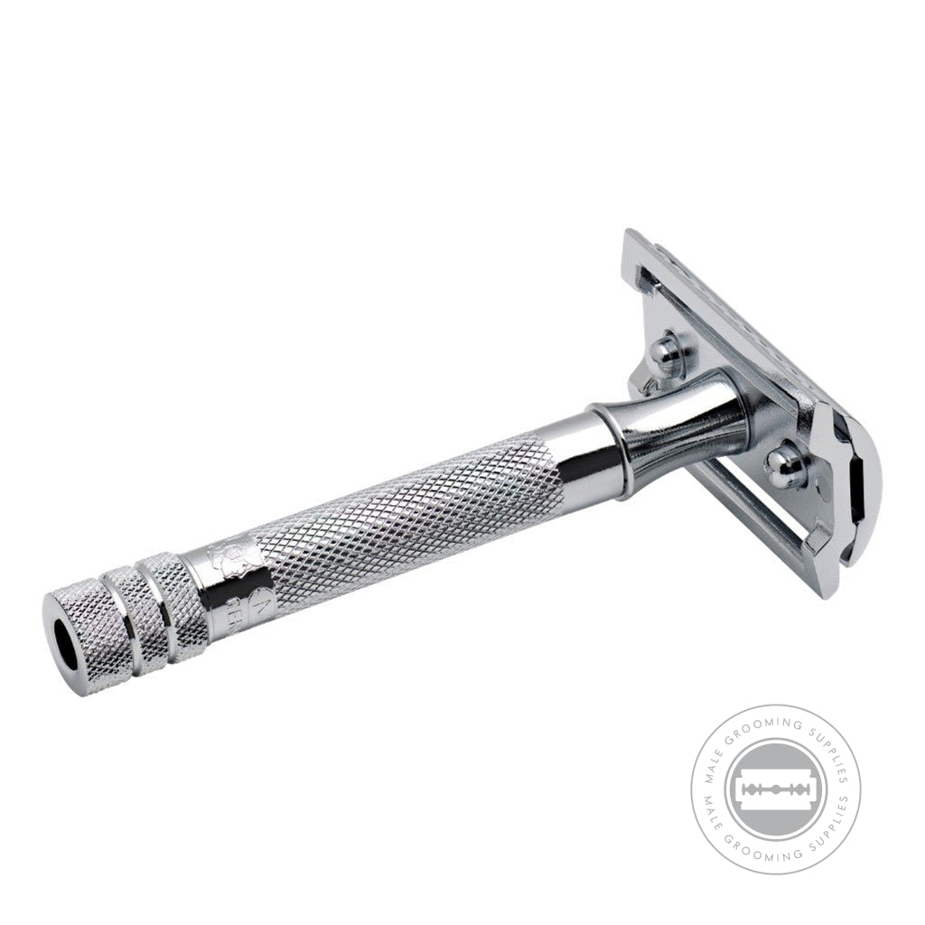 Side view of the Merkur 33C Classic Safety Razor showcasing its short handle and three-piece design.