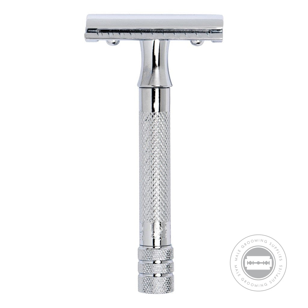 Front view of the Merkur 33C Classic Safety Razor with a closed comb and bright chrome finish.