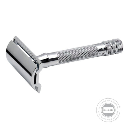 Merkur 33C Classic Safety Razor with a bright chrome finish, featuring a short knurled handle for a secure grip.