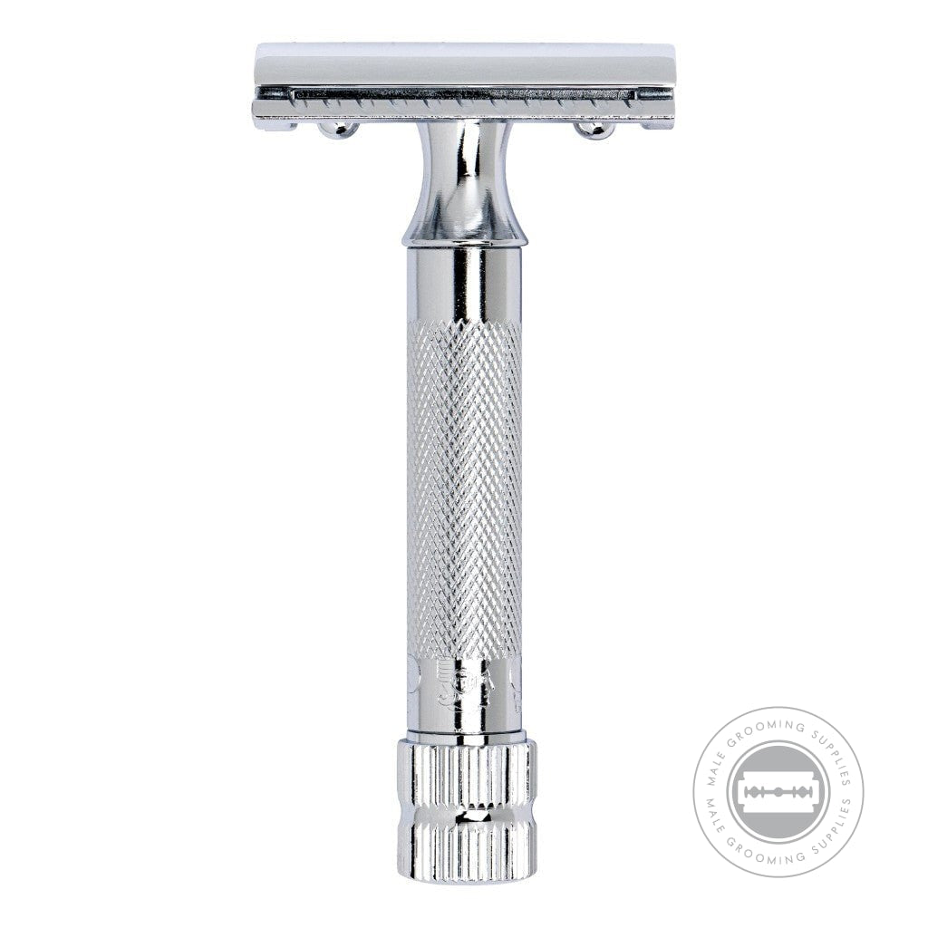 Front view of the Merkur 34001 Heavy Duty Safety Razor featuring a classic, sturdy design with a bright chrome finish and knurled handle.