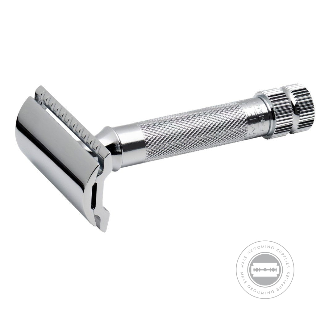 Side angle view of the Merkur 34001 Heavy Duty Safety Razor showcasing its bright chrome finish and textured handle for a secure grip.