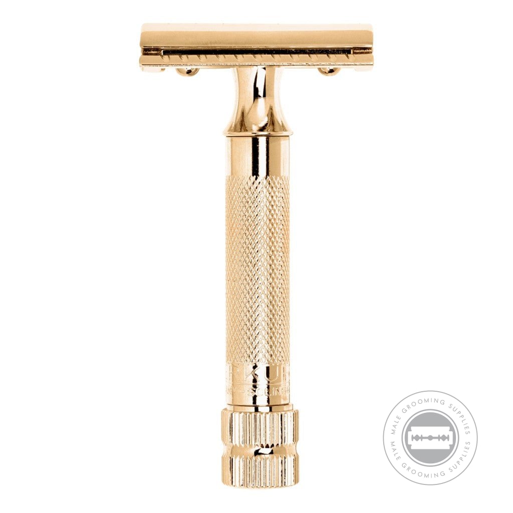 Front view of Merkur 34003 Gold-Plated Safety Razor standing upright with gold-plated handle and head.