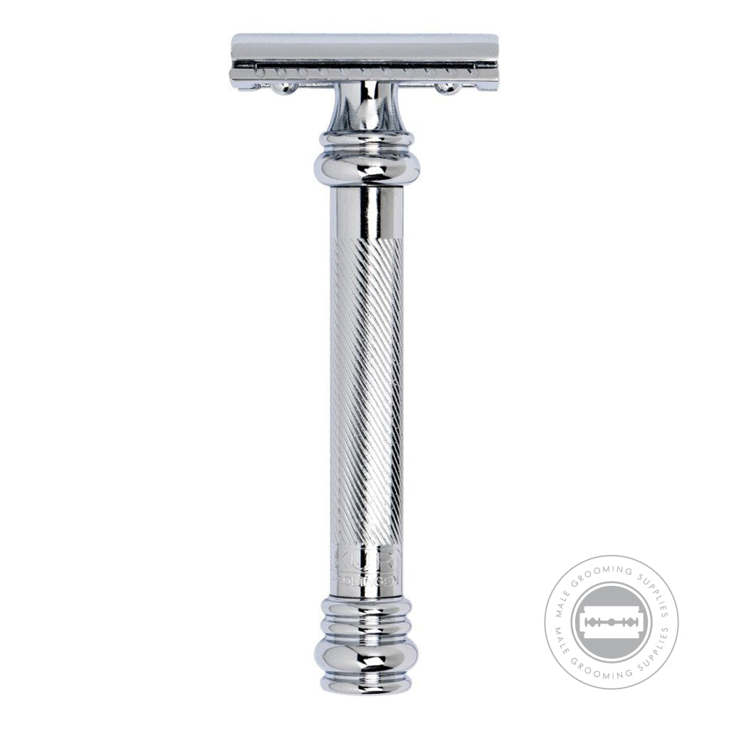 Full front view of the Merkur 38C Barber Pole Safety Razor, emphasizing the long handle and its stylish barber pole-inspired ribbed texture.