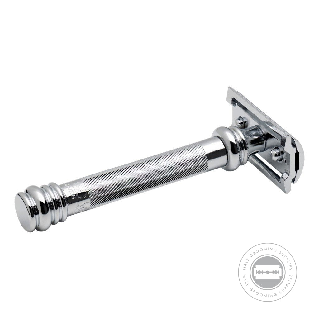 Side view of the Merkur Barber Pole 38C Razor, highlighting the two-piece safety razor design with a straight cut blade.