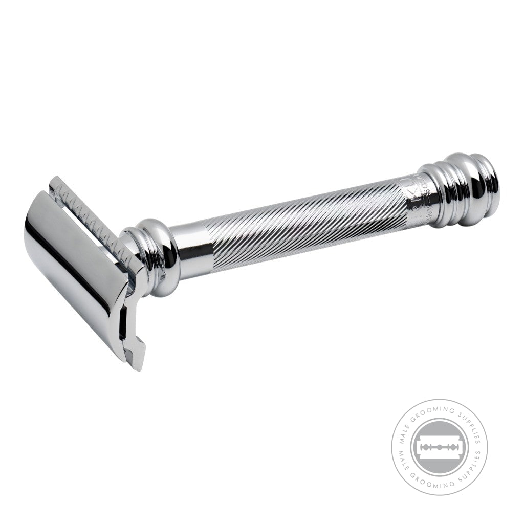 Close-up view of the Merkur Barber Pole 38C Safety Razor, showcasing its iconic ribbed handle and bright chrome finish.