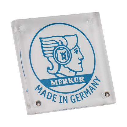 Front view of the Merkur Plexiglass Razor Stand with its bold Merkur logo and German craftsmanship highlighted in blue.