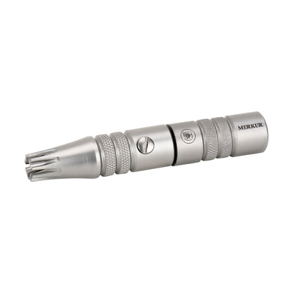 Merkur Nose Hair Trimmer 6001 laid horizontally, showcasing precise cross-knurl grip details.