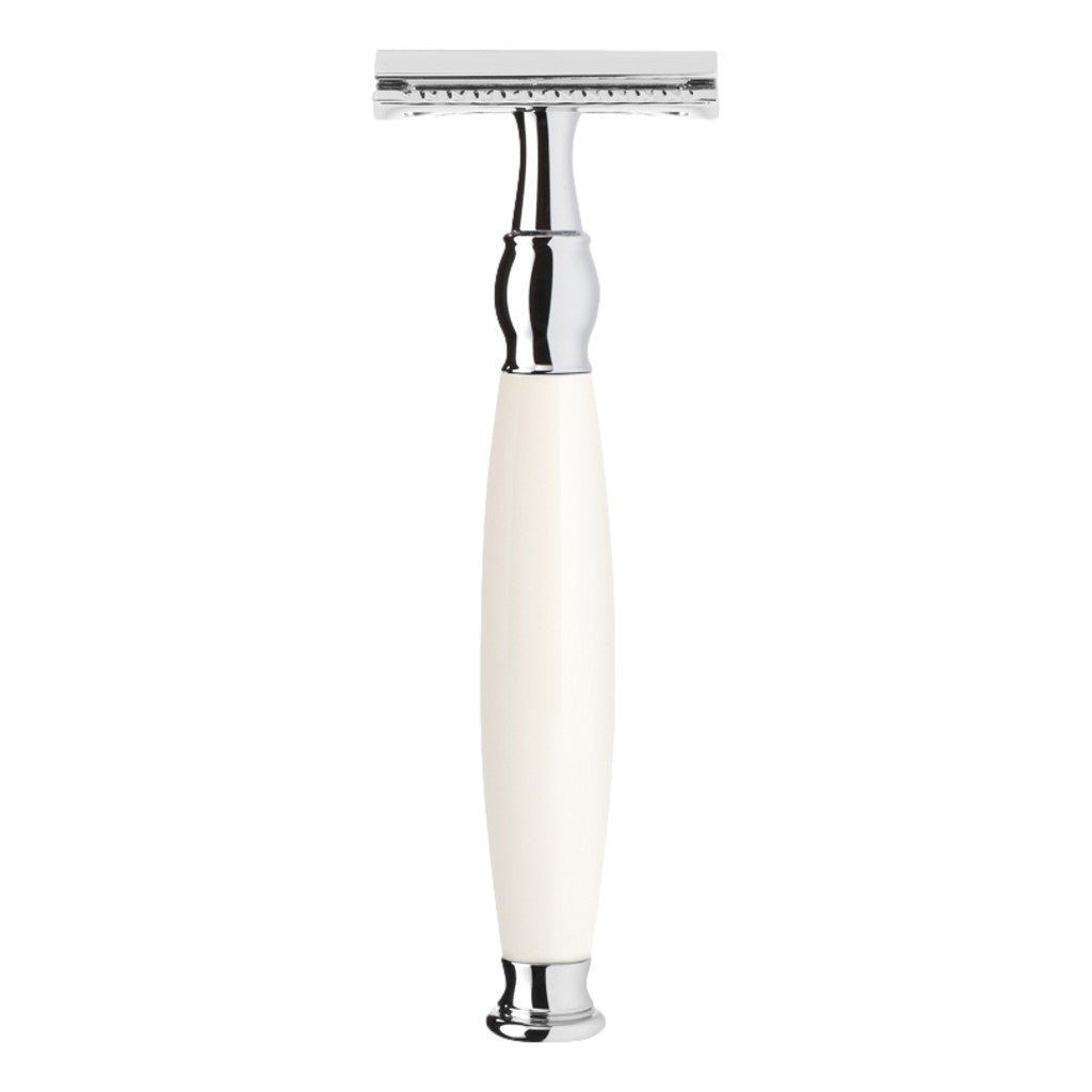 Mühle SOPHIST Safety Razor with a porcelain and chrome handle, designed for a gentle and precise shave.