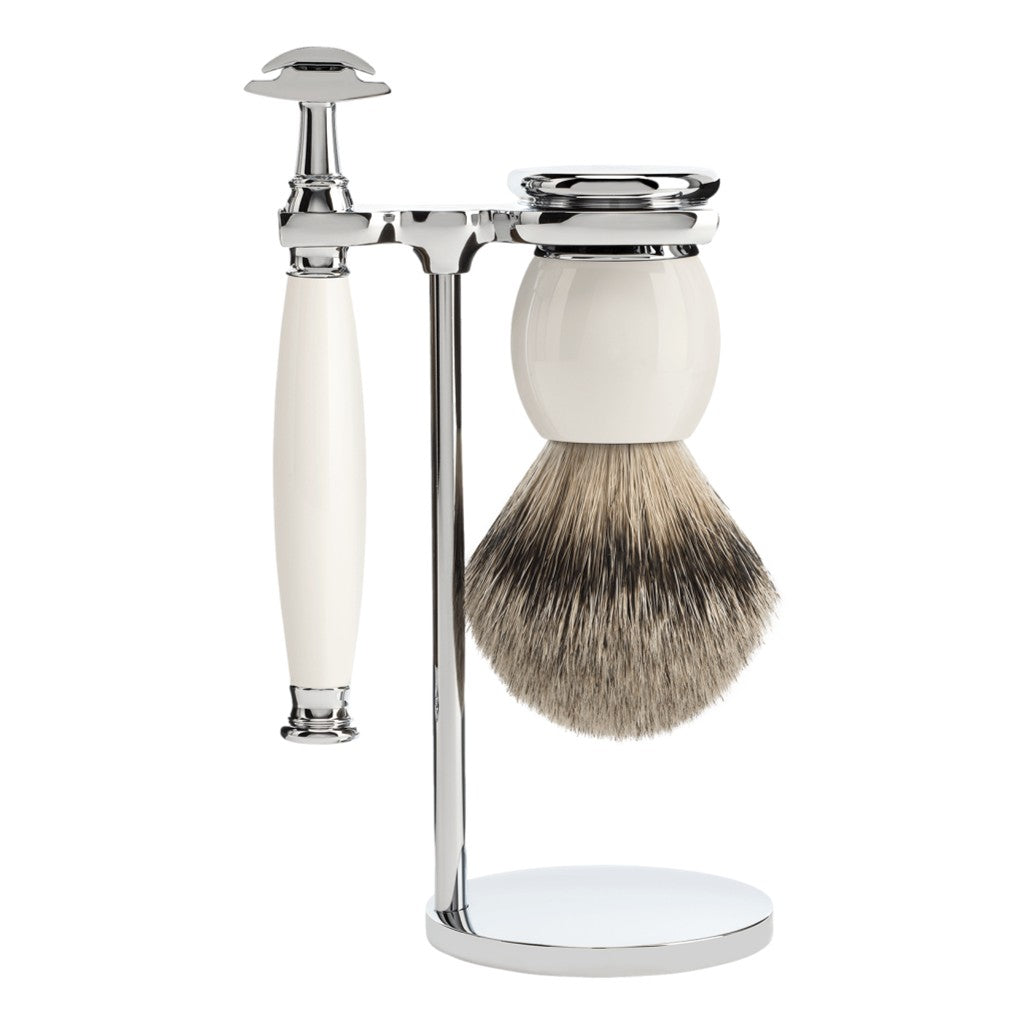 Complete Mühle SOPHIST Shaving Set in porcelain and chrome, featuring a Silvertip Badger brush, safety razor, and stand for an elegant grooming experience.