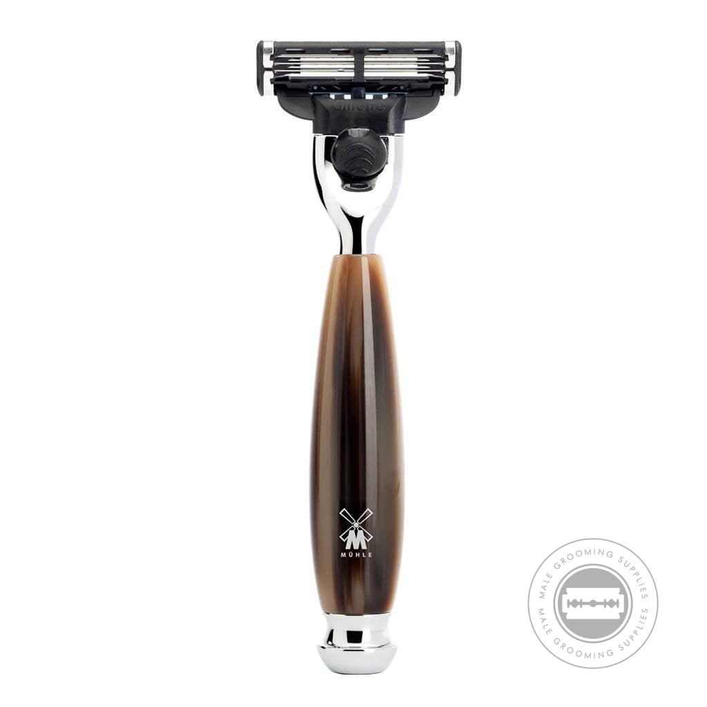 Muhle M3 Razor from the VIVO series with a horn brown resin handle and chrome-plated accents, compatible with Gillette® Mach3® blades.