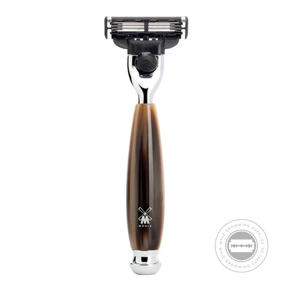 Muhle M3 Razor from the VIVO series with a horn brown resin handle and chrome-plated accents, compatible with Gillette® Mach3® blades.