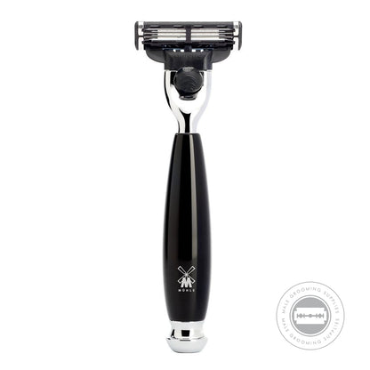 Muhle M3 Razor from the VIVO series with a polished black resin handle and chrome-plated accents, compatible with Gillette® Mach3® blades."