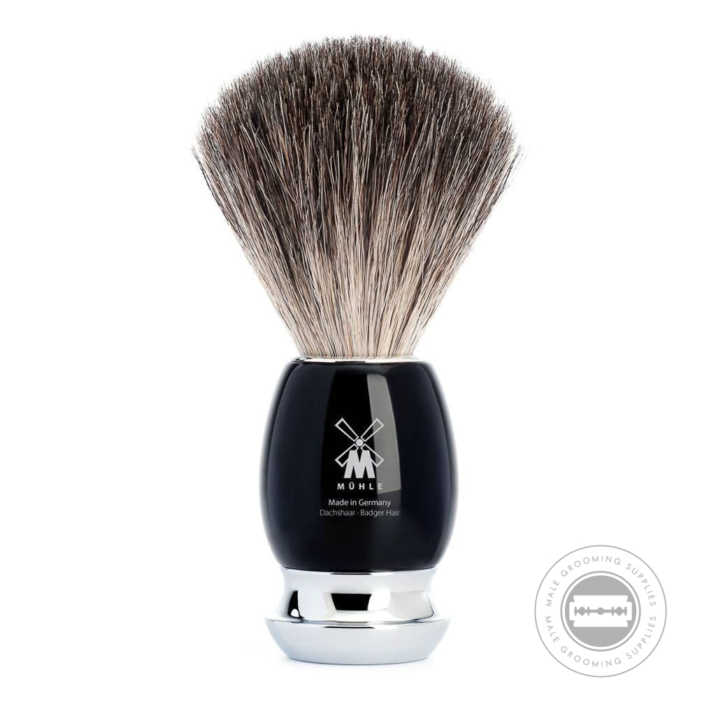 Muhle Pure Badger Shaving Brush from the VIVO series, featuring a polished black resin handle with chrome-plated accents.