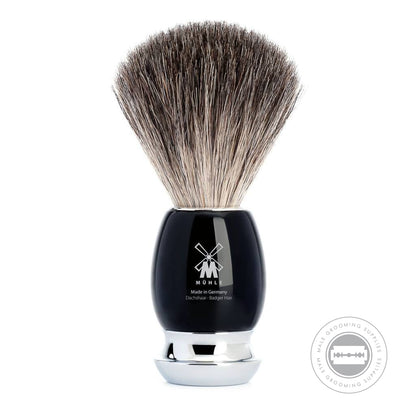 Muhle Pure Badger Shaving Brush from the VIVO series, featuring a polished black resin handle with chrome-plated accents.