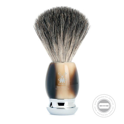 Muhle Pure Badger Shaving Brush from the VIVO series, featuring a horn brown resin handle with chrome-plated accents.