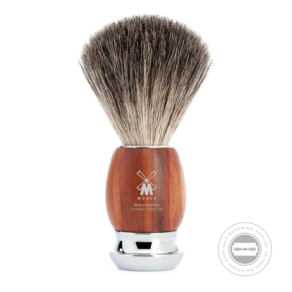 Muhle Pure Badger Shaving Brush from the VIVO series, featuring a plum wood handle with chrome-plated accents.