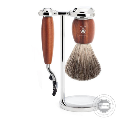 Muhle 3-Piece M3 Shaving Set from the VIVO series, including a Pure Badger brush, Gillette® Mach3® razor, and chrome-plated stand with plum wood handles.