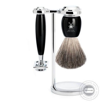 Muhle 3-Piece Safety Razor Shaving Set from the VIVO series, including a Pure Badger brush, closed-comb safety razor, and chrome-plated stand with black resin handles.