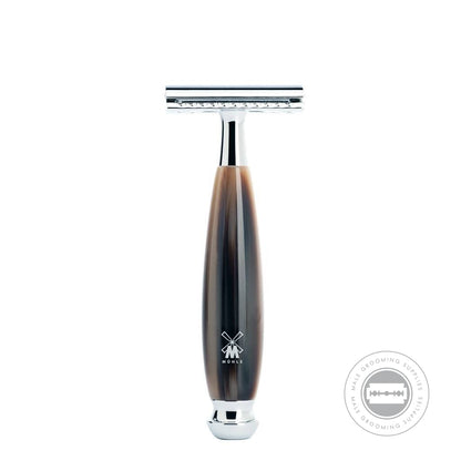 Muhle Safety Razor from the VIVO series, featuring a polished horn brown resin handle with chrome-plated accents and a closed-comb design for a precise shave.