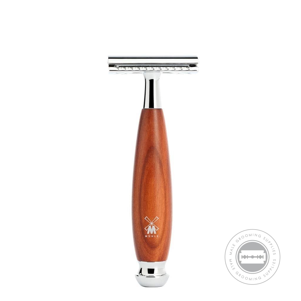 Muhle Safety Razor from the VIVO series, featuring a plum wood handle with chrome-plated accents and a closed-comb design for a precise shave.