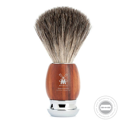 Muhle Pure Badger Shaving Brush from the VIVO series, with a plum wood handle and chrome-plated accents, offering a luxurious lather and gentle exfoliation.