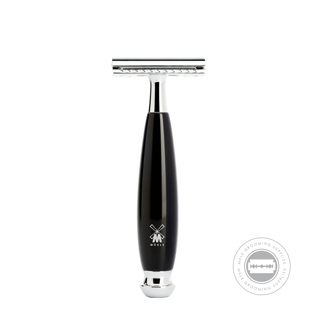 Muhle Safety Razor from the VIVO series, featuring a polished black resin handle with chrome-plated accents, closed-comb design for a precise shave.