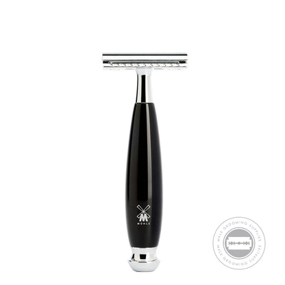 Muhle Safety Razor from the VIVO series, featuring a polished black resin handle with chrome-plated accents, closed-comb design for a precise shave.