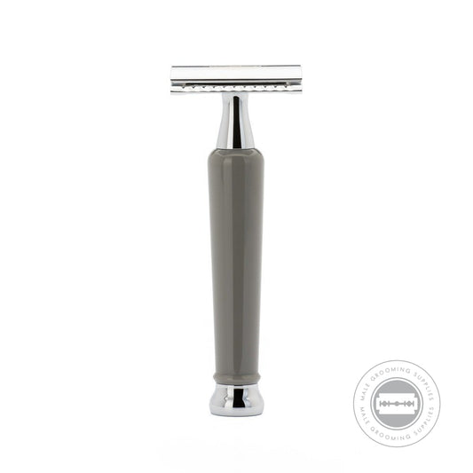 Muhle 70th Anniversary Double Edge Safety Razor with a sleek black high-grade resin handle and chrome-plated accents.