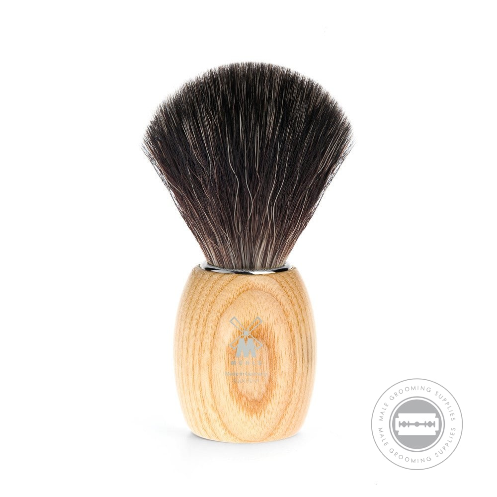 Muhle Modern Black Fibre Shaving Brush with a handle made of steamed ash wood, featuring a natural wood grain finish.