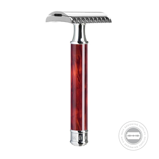 Muhle R103 Safety Razor with tortoiseshell high-grade resin handle and open comb head for a precise shave.