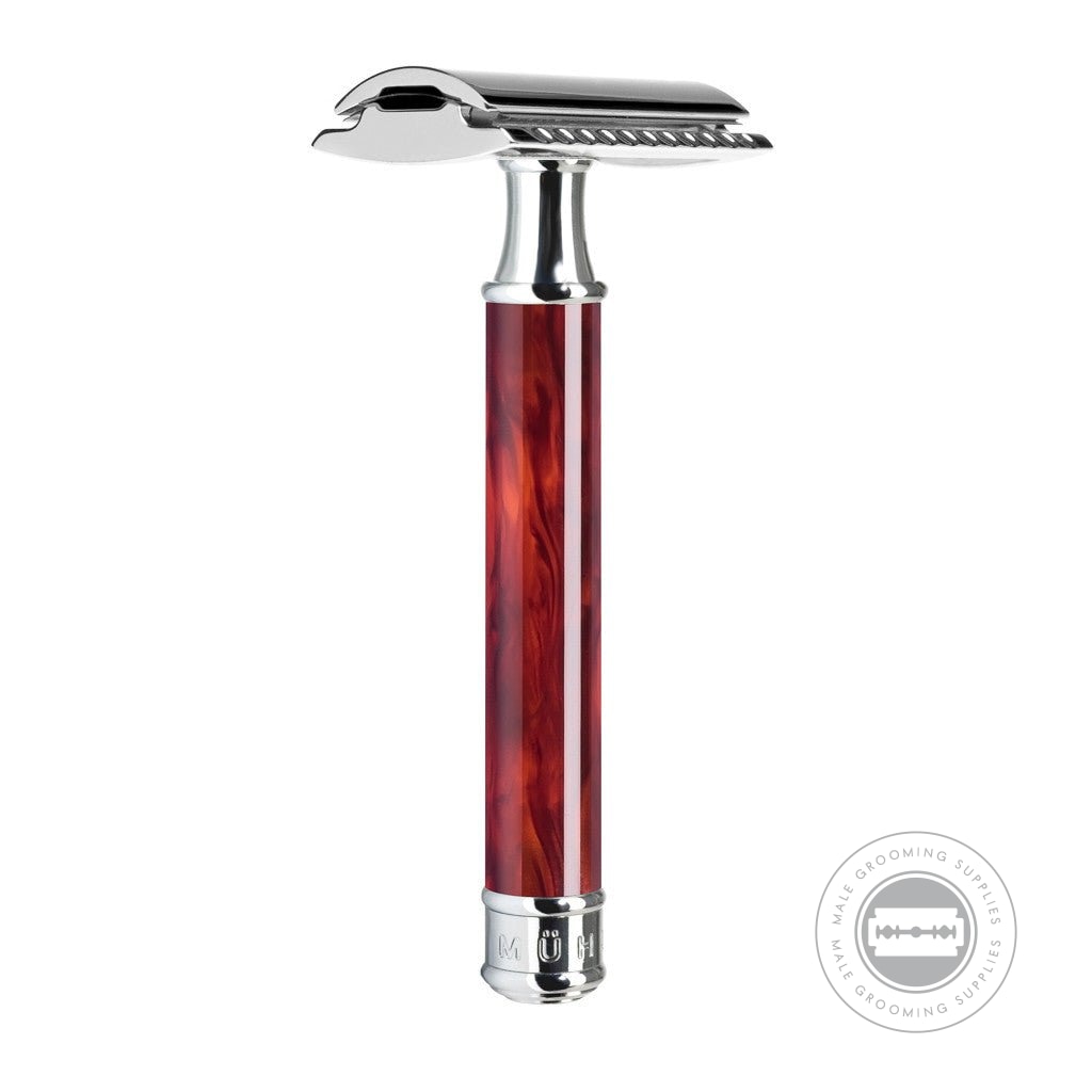 Elegant Muhle R108 Safety Razor featuring a high-grade resin handle with tortoiseshell pattern and chrome-plated highlights.