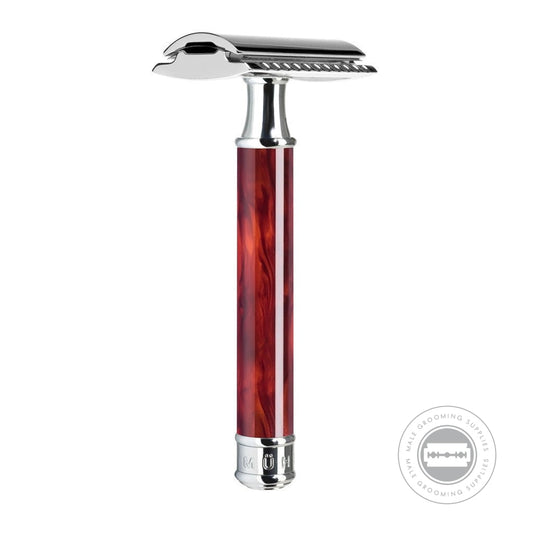 Elegant Muhle R108 Safety Razor featuring a high-grade resin handle with tortoiseshell pattern and chrome-plated highlights.