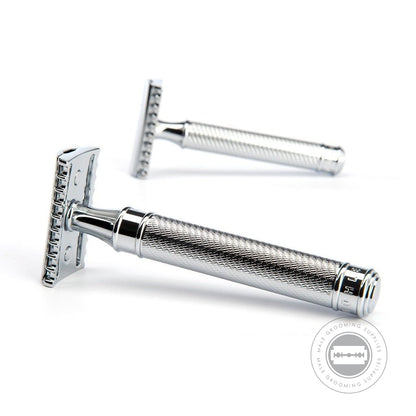 Muhle R41 GRANDE Safety Razor set of two razors featuring detailed knurling and chrome-plated handle.