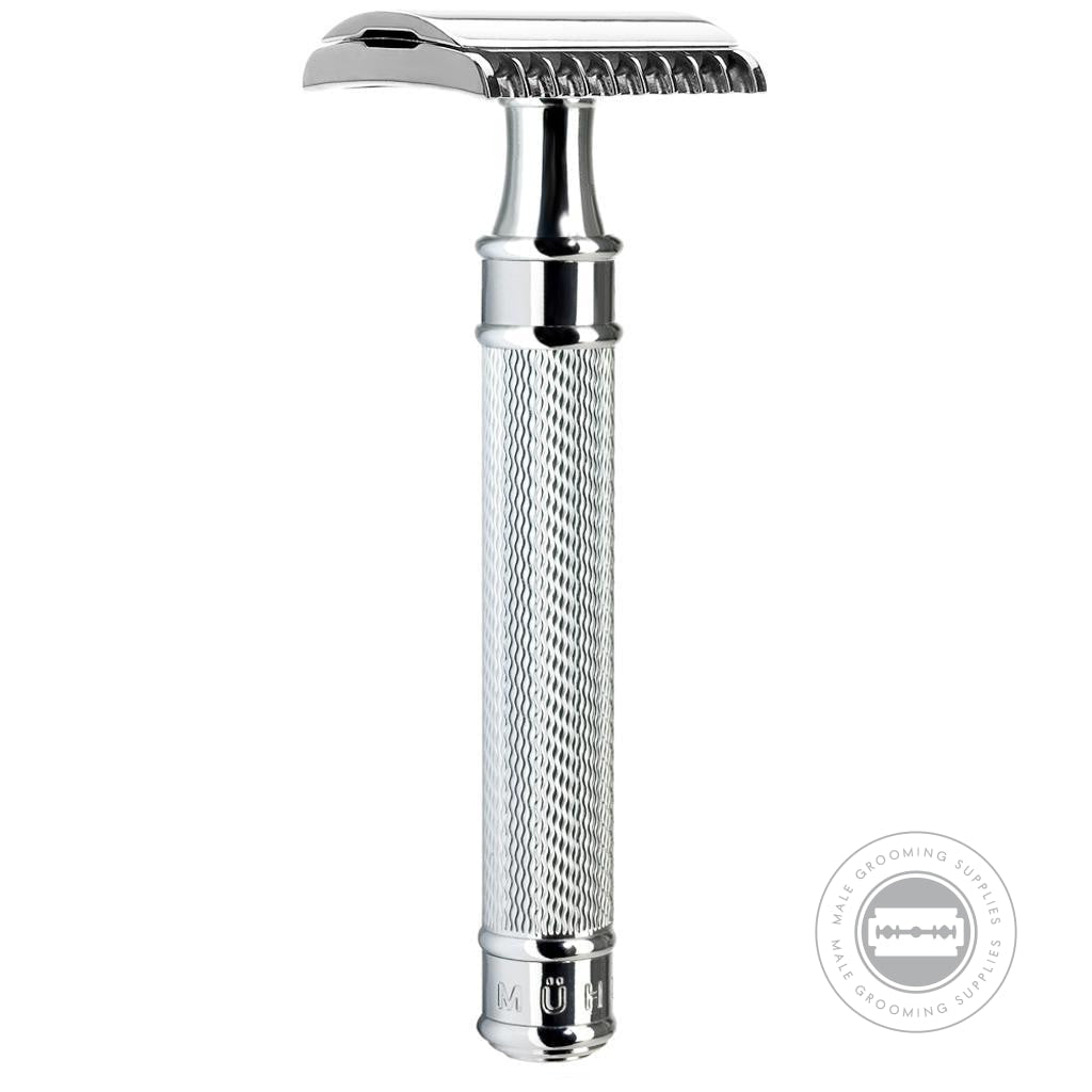 Muhle R41 GRANDE Safety Razor standing display, chrome-plated long handle.