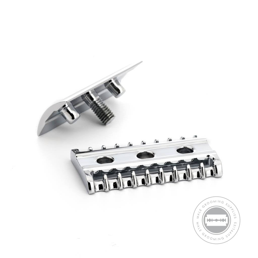 Muhle R41 GRANDE Safety Razor open comb head close-up, chrome finish.