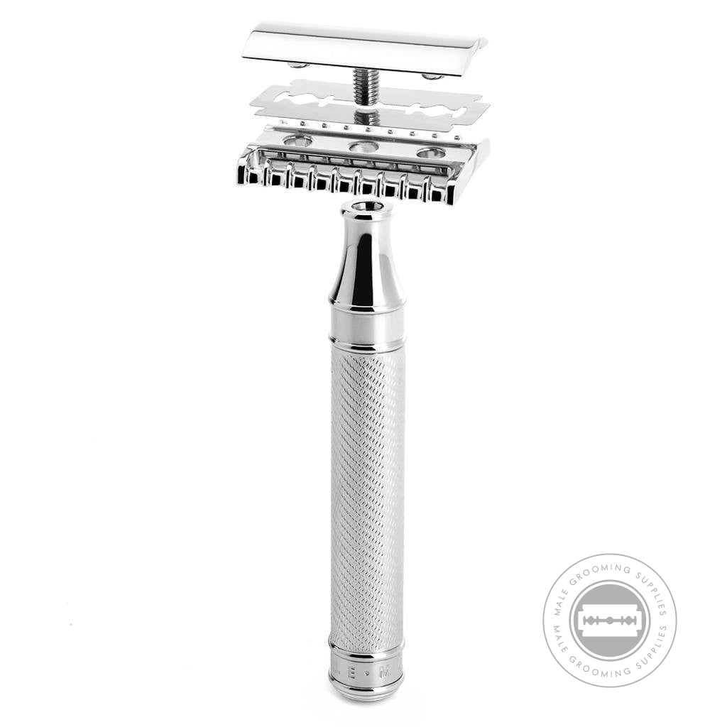 Muhle R41 GRANDE Safety Razor fully disassembled showcasing the chrome-plated head and handle.