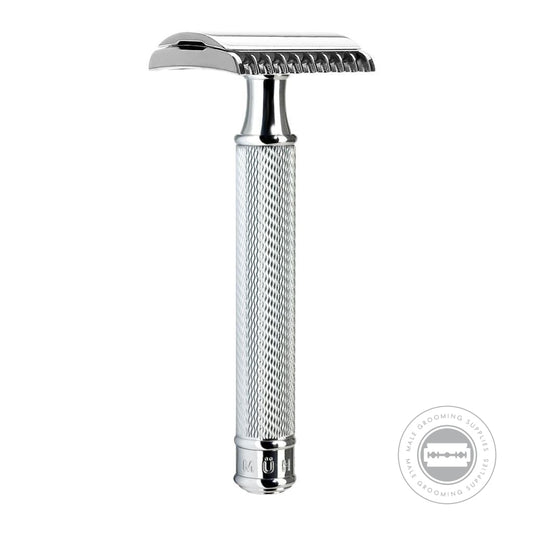 Full view of the assembled Muhle R41 Safety Razor with a chrome-plated handle and open comb design, ideal for precise and direct shaving.