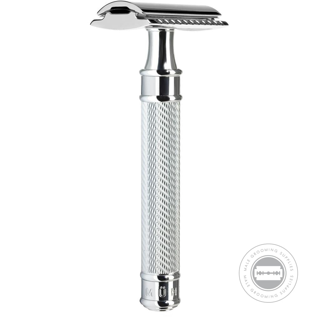 Muhle R89 Grande Safety Razor in upright position, featuring a chrome-plated handle with fine knurling for a secure and stylish grip."