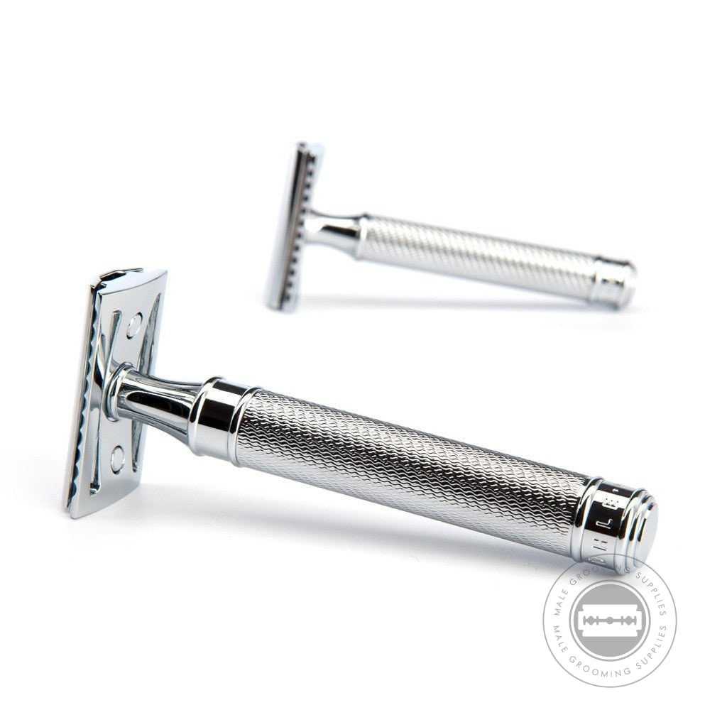 Pair of Muhle R89 Grande Safety Razors with chrome-plated handles, highlighting the durable construction and classic design.