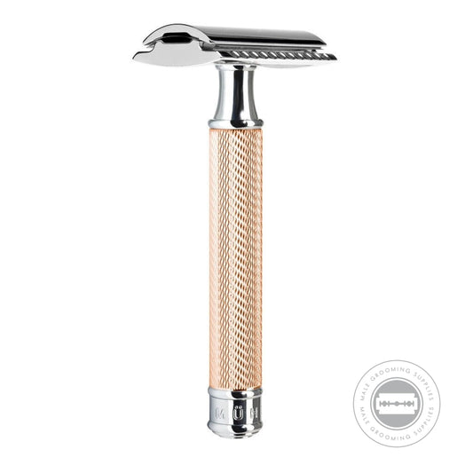 Muhle R89 Rosegold Safety Razor, showcasing its closed comb razor head and intricately designed rose gold-plated handle, perfect for gentle and precise shaves.