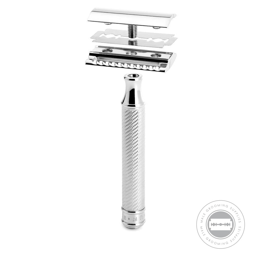 : The Muhle R89 Safety Razor disassembled, highlighting the razor’s head, blade, and chrome-plated handle.